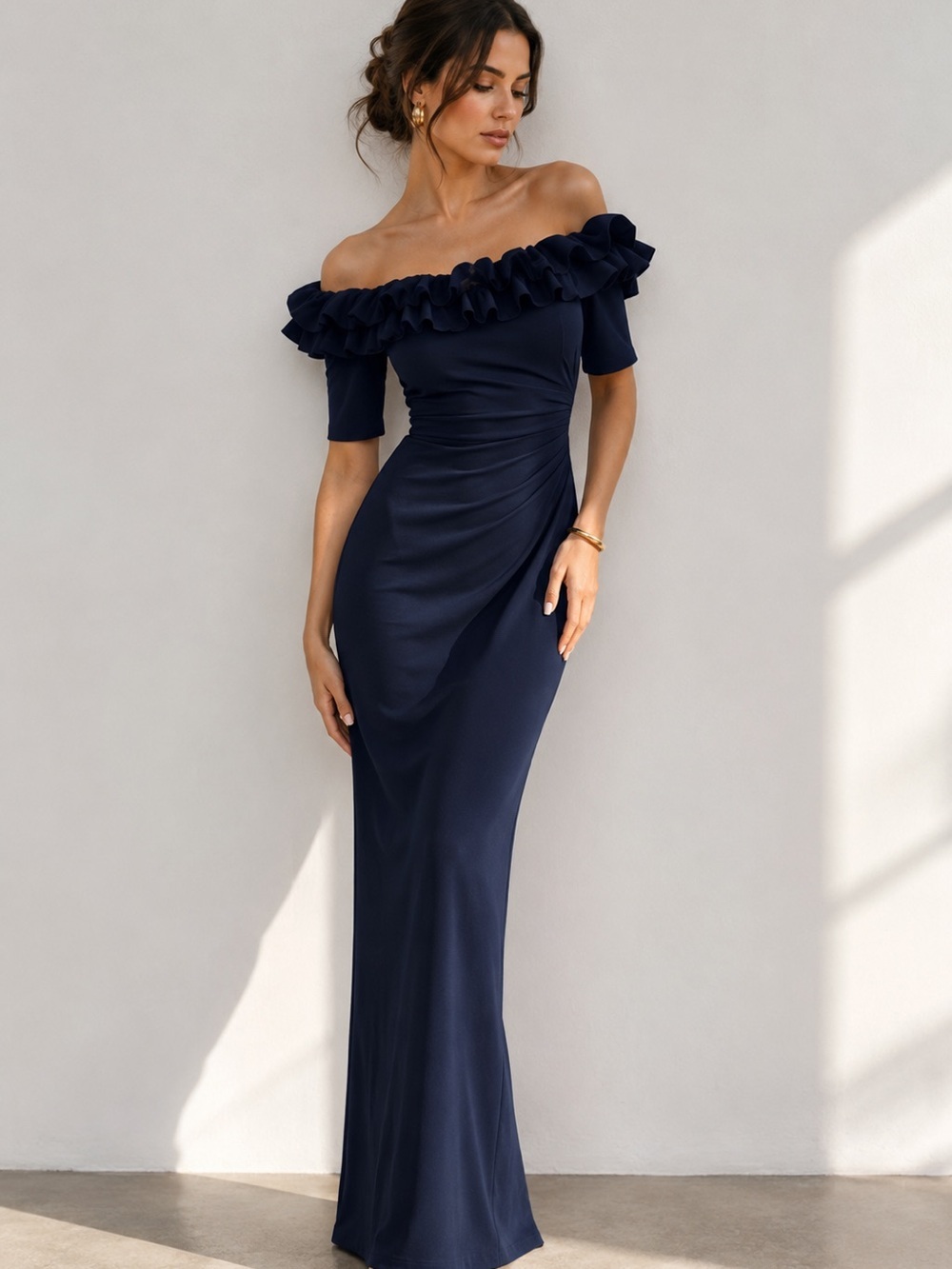 Xscape Navy Off-Shoulder Ruffle Evening Gown